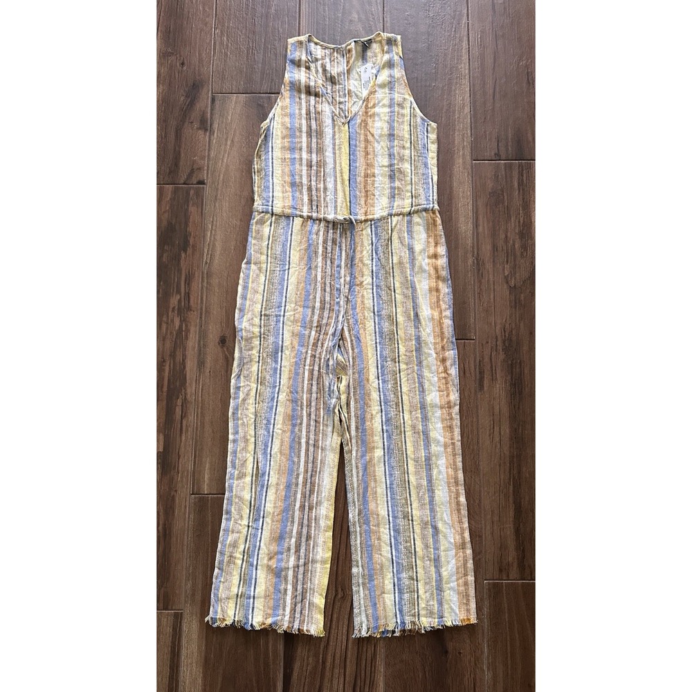 Drew Lemon Striped Linen Blend Jumpsuit Wide Leg Frayed Hem XS TJ5337
